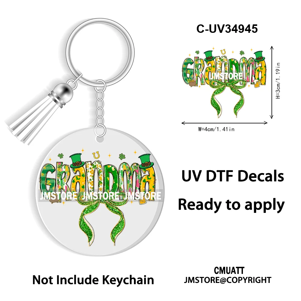 Faux Glitter Lucky Shamrock Coquette St. Patrick's Day WaterProof UV DTF Stickers For Round Circle Acrylic Keychain Key Ring