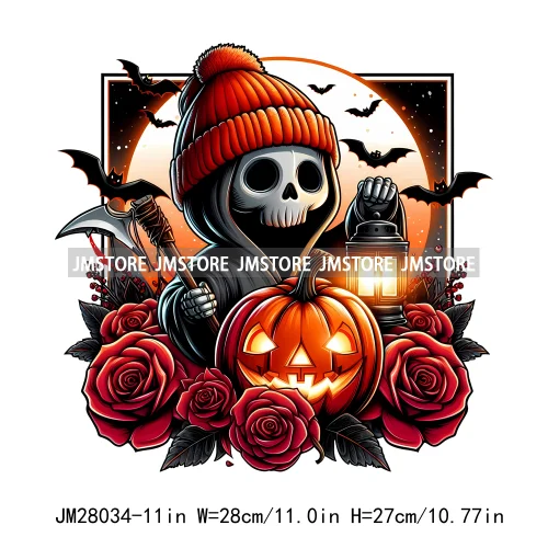 Cute Animals Skull Red Rose Pumpkin Halloween Spooky Vibes Design Logo Iron On DTF Transfer Stickers Ready To Press For Clothing