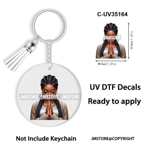 Christian Jesus God Pray Afro Girl UV DTF Decal Round Keychain Ready To Apply WaterProof Transfer Stickers For Circle Keychain