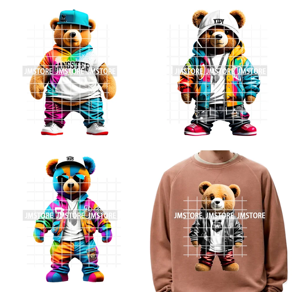 12in Cool Retro Urban Streetwear Graffiti Hip Hop Teddy Bear Iron On DTF Washable Transfers Stickers Ready to Press For Clothing