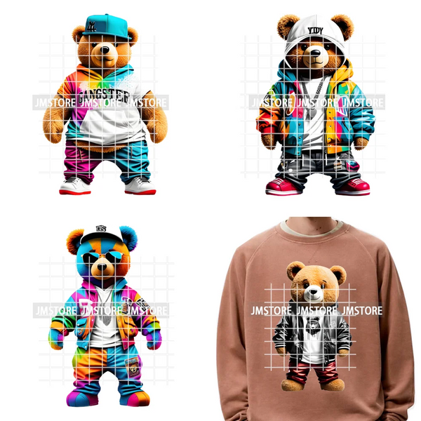 12in Cool Retro Urban Streetwear Graffiti Hip Hop Teddy Bear Iron On DTF Washable Transfers Stickers Ready to Press For Clothing