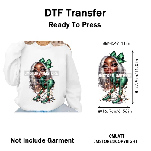 Cool African Melanin Girls Christmas Season Holiday Moody Iron on Washable DTF Heat Transfer Stickers Ready to Press for Hoodies