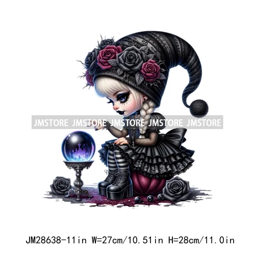 Gothic Girl Gnomes Halloween Witch Dolls Black Flowers Horror Vibes Iron On DTF Transfers Stickers Ready To Press For Clothing