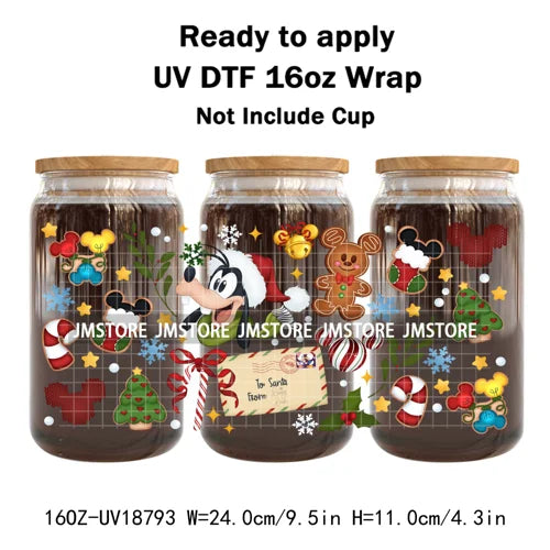 Cartoon Christmas Gingerbread Cookie 16OZ UV DTF Cup Wraps Ready To Apply Waterproof Transfer Stickers For Libbey Glass Can Mugs