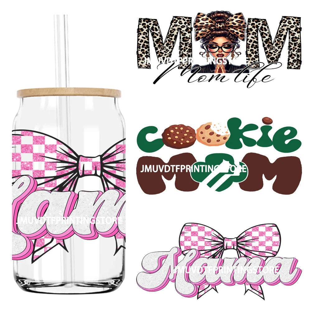 Retro Coquette Bow Mama UV DTF Stickers For 16OZ Libbey Glass Cup Can Wrap Transfers Stickers Custom DIY Logo Leopard Mom Life