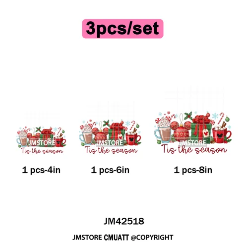 Cute Cartoon Character Coffee Cup Coquette Candy Merry Christmas Iron on DTF Heat Transfers Stickers Ready to Press for Hoodies