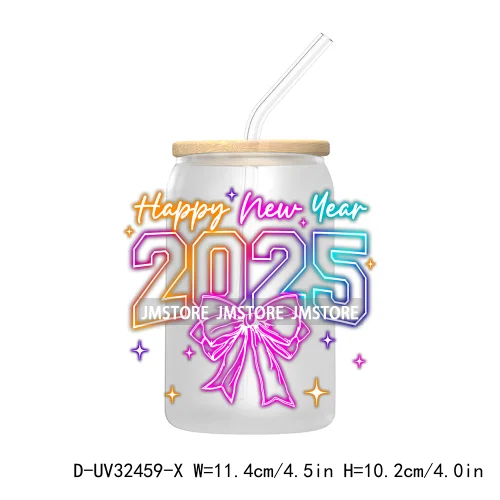 Retro Happy New Year 2025 Coquette Bow UV DTF Transfer Stickers Decals For Libbey Cold Cups Mugs Tumbler Waterproof Custom Logo