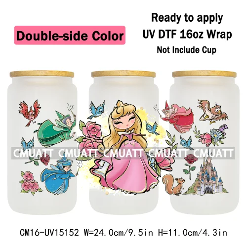 Double Sided Color UV DTF Cup Wraps 16OZ Bulk Waterproof Wholesale Custom Cartoon Cute Princess Mug Glass Water Bottles Sticker