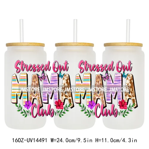 Floral Blessed Mama Leopard Mom 16OZ UV DTF Cup Wraps Ready To Apply Waterproof Transfer Stickers For Libbey Glass Can Tumbler
