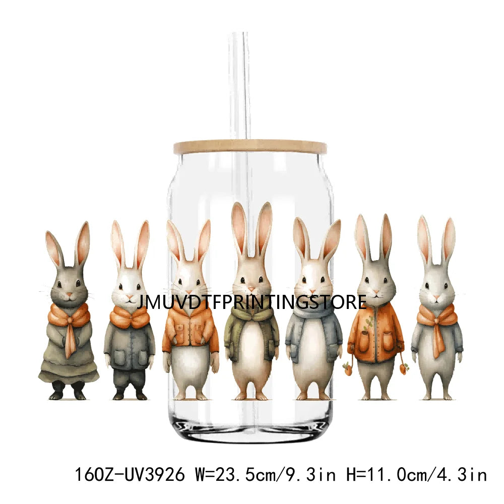 Cute Easter Bunny Rabbit With Flower 16OZ UV DTF Cup Wrap Transfer Sticker Custom Label DIY Waterproof Logo For Libbey Glass Can