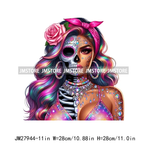 Raninbow Diamond Glamor Latina Skeleton Woman Rose Chicana  Earing Girls DTF Iron On Heat Press Transfer Stickers For Clothes