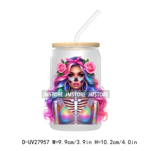 Rainbow Diamond Glamor Latina Skeleton UV DTF Transfer Stickers Decals For Libbey Cold Cups Mugs Tumbler Chicana Latina Woman