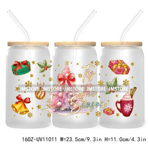 Coquette Glitter Holly Jolly Christmas Tree UV DTF Cup Wrap For Libbey Glass Can Transfer Stickers Waterproof Custom Labels Gift