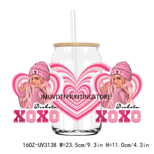 Pink Valentines Bichota Cupid Vibes 16OZ UV DTF Cup Wrap Transfers Stickers Custom DIY Waterproof Logo For Libbey Glass Can XOXO