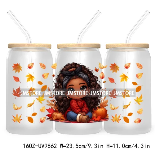 Afro African Girl 16OZ UV Cup Wrap DTF Transfer Stickers For Libbey Glass Can Cups Tumbler Fall Season Autumn Waterproof Labels