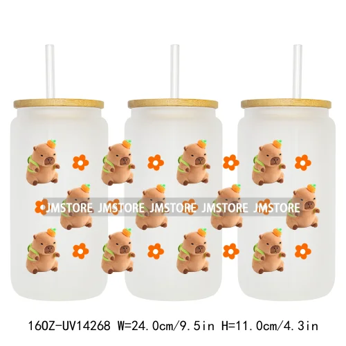 Cute Capybara Flower Heart UV DTF Wraps Transfer Sticker Selfadhesive Waterproof High Quality For 16OZ Libbey Glass Can Tumbler