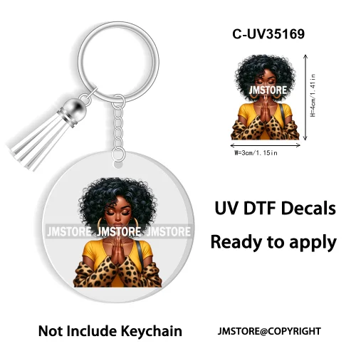 Christian Jesus God Pray Afro Girl UV DTF Decal Round Keychain Ready To Apply WaterProof Transfer Stickers For Circle Keychain