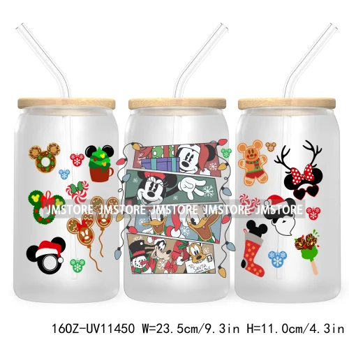 Merry Christmas Cartoon Couple 16OZ UV DTF Cup Wrap Ready To Apply For Libbey Glass Can Cup Tumbler Gingerbread Candy Cane Mouse