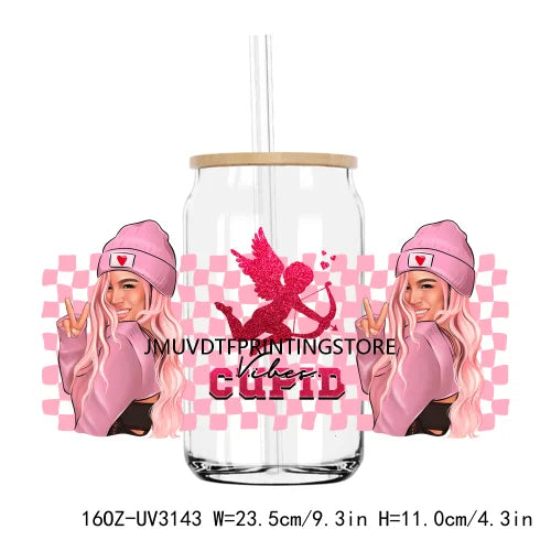 Pink Valentines Bichota Cupid Vibes 16OZ UV DTF Cup Wrap Transfers Stickers Custom DIY Waterproof Logo For Libbey Glass Can XOXO