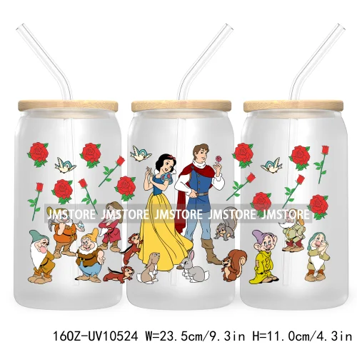 Cartoon Princess Floral Flowers 16OZ UV DTF Cup Wrap Transfer Stickers Custom Labels Waterproof For Libbey Glass Can Best Friend