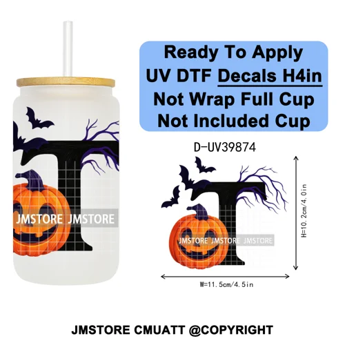 Polka Dot Pumpkin Halloween Letter Coquette UV DTF Decals Ready To Apply Waterproof Transfer Stickers For 16OZ Libbey Glass Can