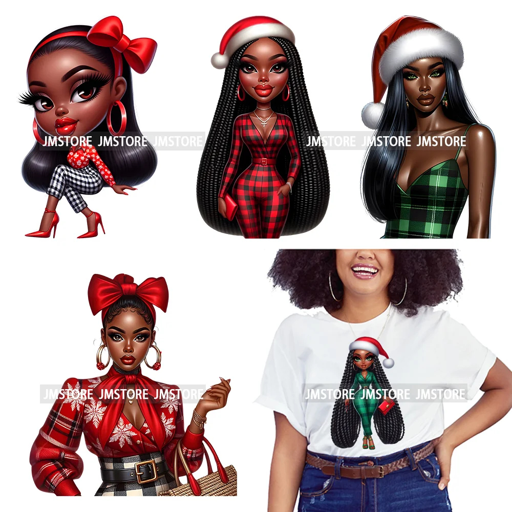 Fashion Santa Afro Black Woman Merry Christmas Girly Winter Iron On DTF Transfers Stickers Printing Ready To Press For Clothing