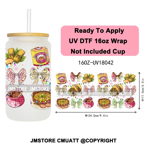 Feliz Navidad Christmas Mexican Food UV DTF Stickers Ready To Apply Cup Wrap High Quality Waterproof For 16OZ Libbey Can Glass