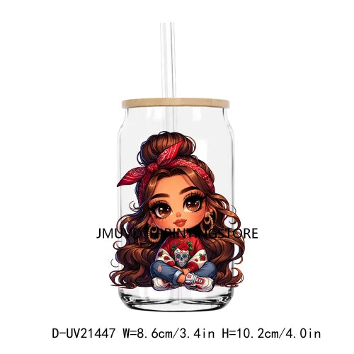 Chibi Cute Chicana Doll With Rose UV DTF Transfers Stickers Decals For Libbey Cold Cups Mugs Tumbler Mexico Waterproof DIY Logo