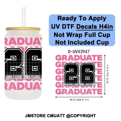 Girly University Graduation 2026 UV DTF Decals Ready To Apply Waterproof Transfer Stickers DIY Crafts For 16OZ Libbey Glass Can