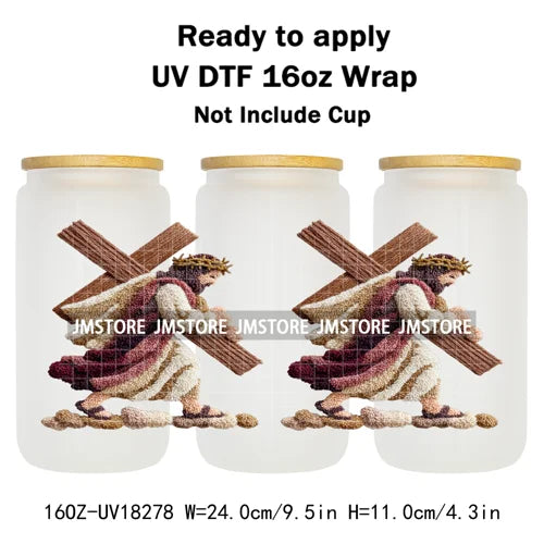 Faux Yarn Crochet Jesus Christmas Religious UV DTF Stickers Ready To Apply Cup Wrap Custom Labels DIY Craft For Libbey Glass Can