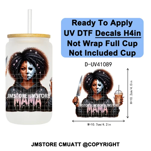 Scary Movie Character Afro Girls Halloween UV DTF Transfer Stickers Decals Ready To Apply Waterproof For 16OZ Libbey Glass Can