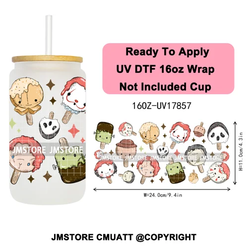 Halloween Cupcake Cartoon Character Ghost 16OZ UV DTF Cup Wraps Ready To Apply Waterproof Transfer Stickers For Libbey Glass Can