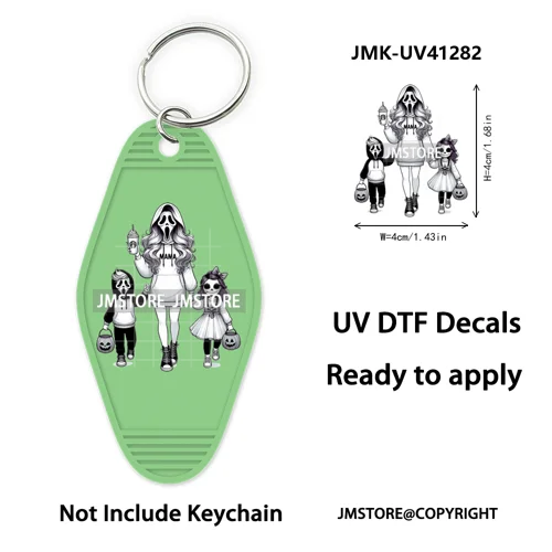Halloween Horror Mama Kids Ghost Girl Coffee UV DTF Motel Keychain Decal Ready To Ship Transfer Sticker Print For Hotel Keychain