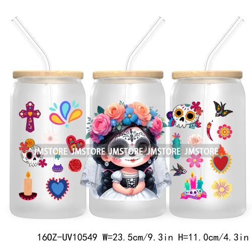 Dia De Los Muertos Mexican UV DTF Sticker For 16OZ Libbey Glass Cup Can Wrap Transfer Stickers Hispanic Halloween Sugar Skulls