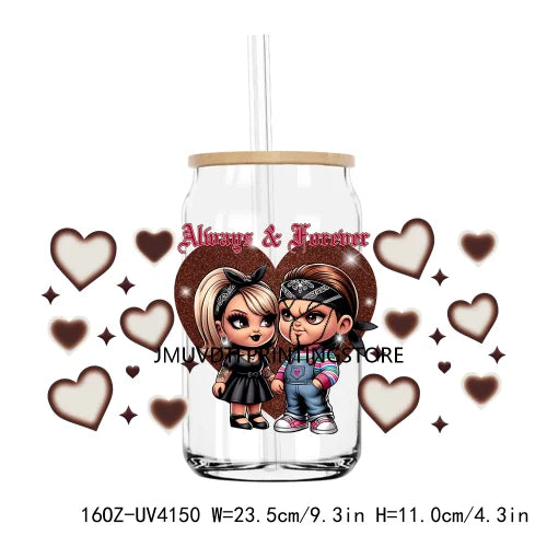 Cartoon Valentines Couple Love 16OZ UV DTF Cup Wrap Transfers Stickers Custom Labels DIY Waterproof Logo For Libbey Glass Can