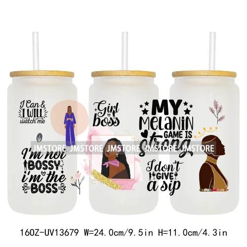 Lady Girl Power Black Woman Affirmations UV DTF Wraps Transfer Sticker Waterproof High Quality For 16OZ Libbey Glass Can Tumbler
