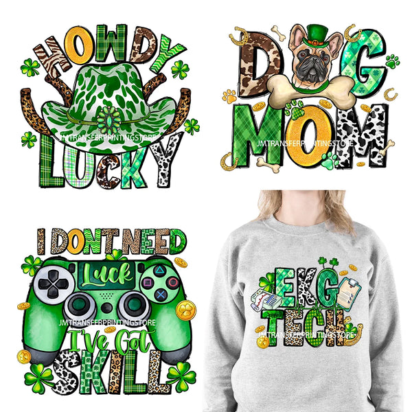 Cheers Lucky Beer Crush Shamrocks Dog Mom Dental Squad Howdy Lucky Irish Day St Patrick's DTF Transfer Stickers Decals For Shirt