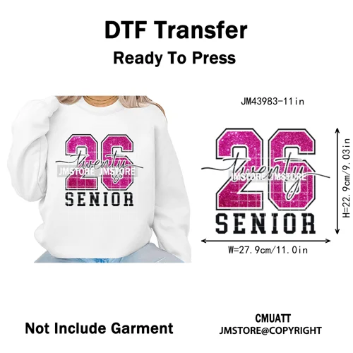Faux Glitter Senior Class of 2026 High School Graduate Reunion Iron on Washable DTF Transfer Stickers Ready to Press for Clothes