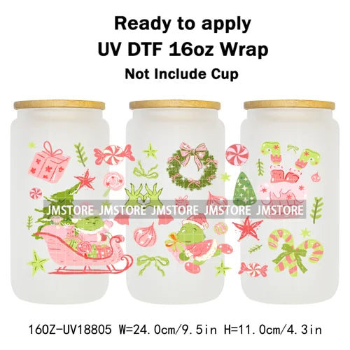Coquette Bow Cartoon Christmas Green Guy UV DTF Cup Wrap Ready To Apply Transfer Stickers Waterproof For 16OZ Libbey Glass Can