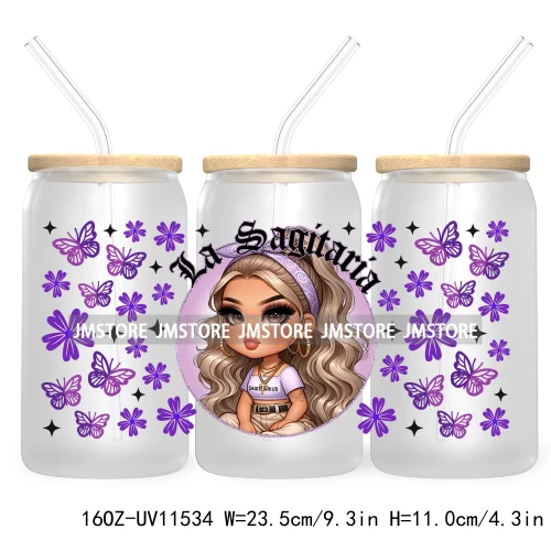 Chicana Chola Zodiac Chibi Latina Girls 16OZ UV DTF Cup Wrap Transfer Stickers Waterproof For Libbey Glass Can Horoscope Signs