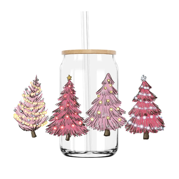 Pink Christmas Trees Vibe 16OZ UV DTF Cup Wrap Transfers Stickers Custom Labels DIY Durable Waterproof Logo For Libbey Glass Can