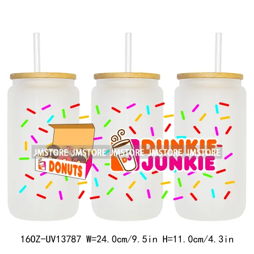 Dunkie Junkie Coffee Donuts UV DTF Wraps Transfer Sticker Selfadhesive Waterproof High Quality For 16OZ Libbey Glass Can Tumbler