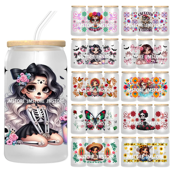 New Mexican Sugar Skull Girl UV DTF Sticker For 16OZ Libbey Glass Cup Can Wrap Transfer Stickers Custom Labels Day Of The Dead