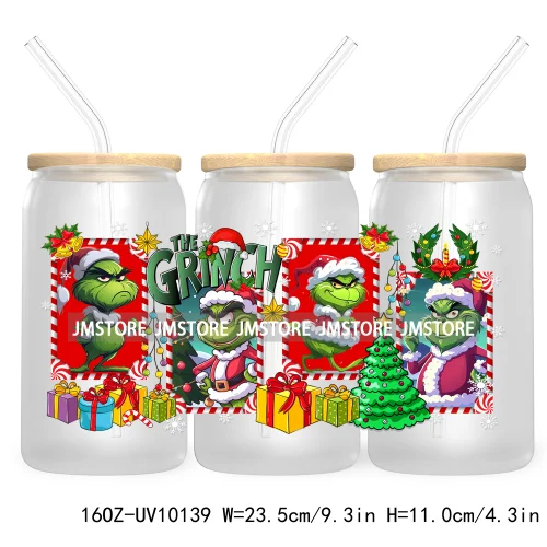 Christmas Coffee Cups Green Guy 16OZ UV Cup Wrap DTF Transfer Stickers For Libbey Glass Can Cup Tumbler Waterproof Label Cartoon