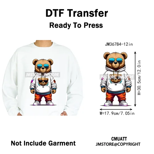 12in Cartoon Gangster Hip Hop Streetwear Teddy Bear Lover Designs Iron on DTF Heat Transfers Stickers Ready to Press for Hoodies