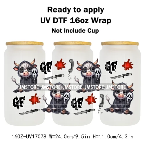 Highland Cow Horror Killer Halloween UV DTF Stickers Ready To Apply Cup Wrap Custom Labels DIY Craft For 16OZ Libbey Can Glass