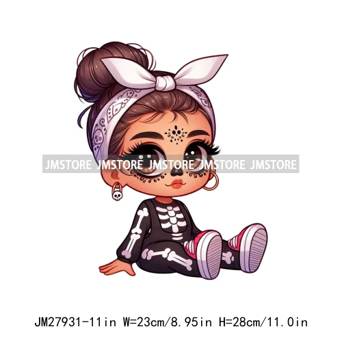 Halloween Skeleton Latina Baby Chibi Hispanic Girls Spooky Season DTF Iron On Transfers Stickers Ready To Press For Clothing