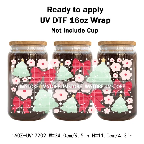 Coquette Bow Bookish Christmas Tree Gingerbread 16OZ UV DTF Cup Wraps Ready To Apply Transfer Stickers For Libbey Glass Can Mugs