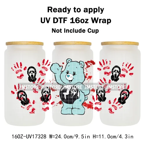 Scary Bears Halloween Pumpkins Horror Characters UV DTF Wraps Transfer Sticker Selfadhesive For 16OZ Libbey Glass Can Tumbler