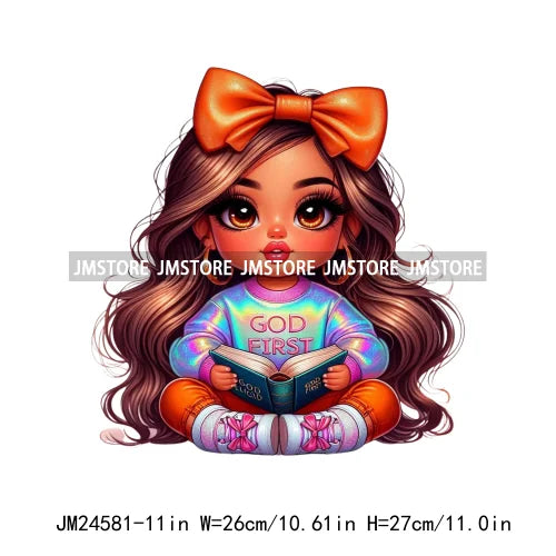 God First Chibi Cute Brown Hair Latina Dolls Baby Girls Coquette Bow Iron On DTF Transfer Stickers Ready To Press For Hoodies